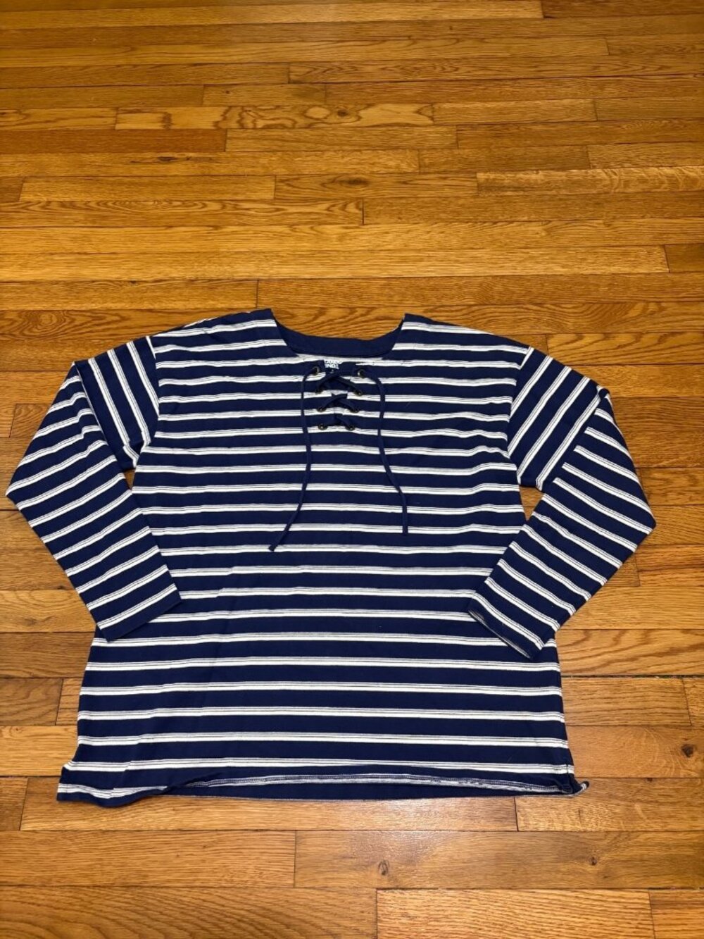 Lands' End Womens Shirt Size Large Blue White Striped Cotton Knit Top Tie Neck